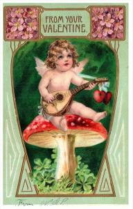 Cupid sitting on Toadstool  playing Mandolin Valentine