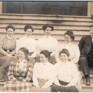 c1910s Group of Teachers RPPC Laughing on School Steps Real Photo PC Women A124