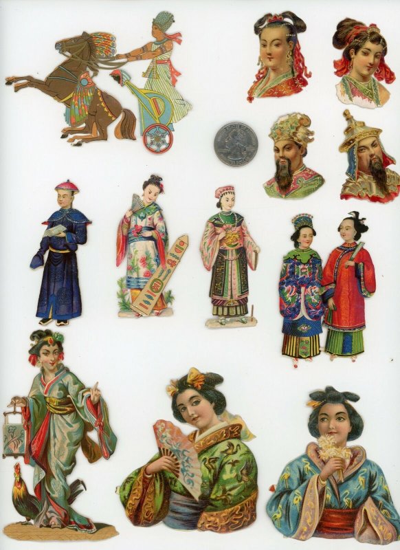 1880's China Egypt Japan Geisha Lot of 14 Die Cut Victorian Scrap X476