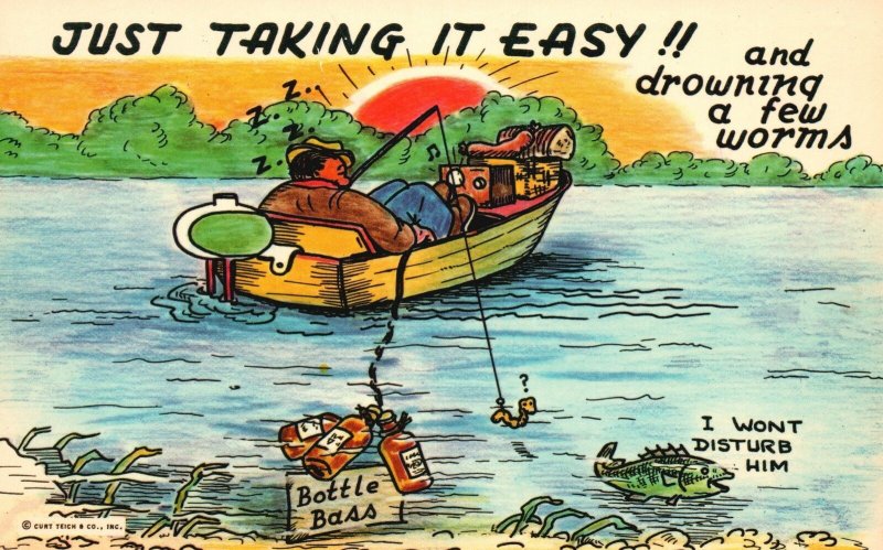 Vintage Postcard Just Taking It Easy! and Drowning Few Worms Fishing Comics