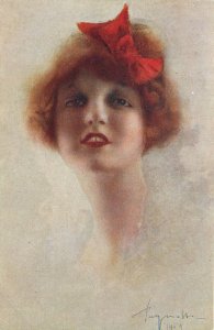 Italian Art Deco Postcard, Pretty Redhead with Red Bow in Hair, Artist Signed