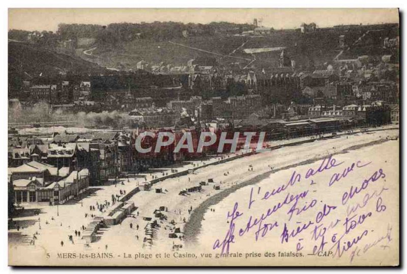 Old Postcard Mers les Bains Beach and Casino Cliffs Taking Vue Generale
