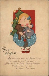 Christmas Little Girl Teddy Bear and Doll Dolly c1910 Vintage Postcard