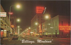 Postcard Night Scene 1st Avenue North Billings Montana Vintage Cars