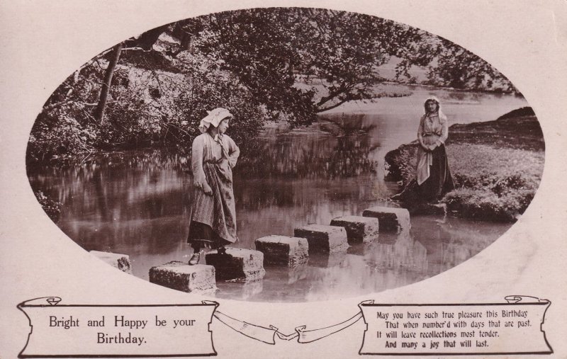 Stepping Stones Lady Refuses To Cross River Real Photo Greetings Postcard