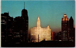 Chicago At Night Skyline From Randolph Street Near Outer Dr. Illinois Postcard
