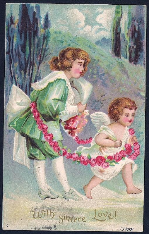 With Sincere Love Boy w/Cupid & Flowers used c1907