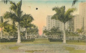 Bayfront Park Flagler Street Miami Florida hand colored 1935 Postcard 20-8217
