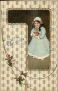 Christmas - Little Girl Blue Winter Snowsuit c1910 Postcard