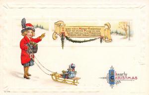 Christmas~Victorian Girl in High Button Shoes~Doll on Sled~Scroll Greeting~Emb