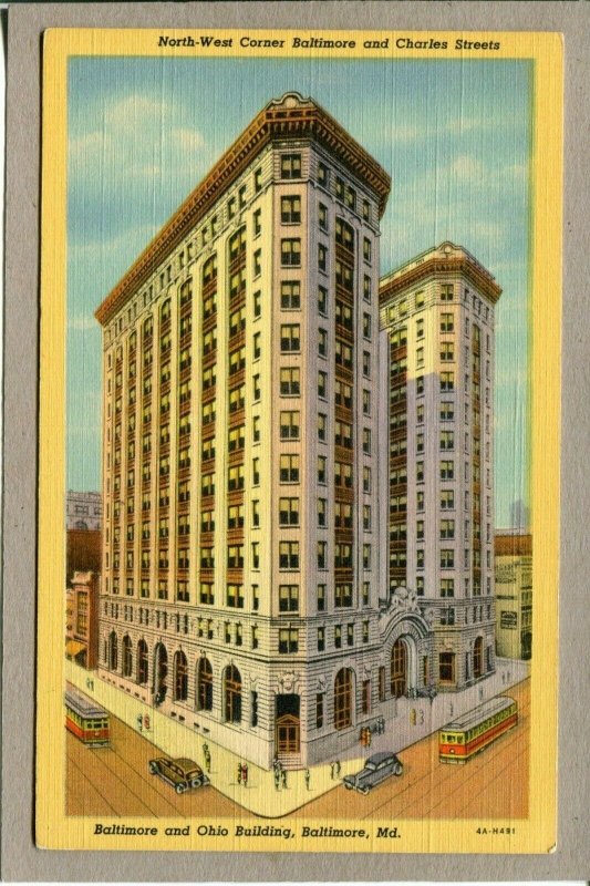  Postcard MD Baltimore and Ohio Building Street Scene Old Cars Linen c1930 -549