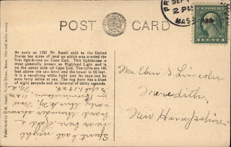 North Truro Massachusetts MA Cape Cod Highland Lighthouse c1910 Postcard 