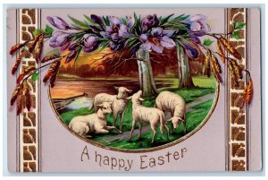 1912 Happy Easter Lamb Purple Flowers Cattail Gel Gold Gilt Antique Postcard
