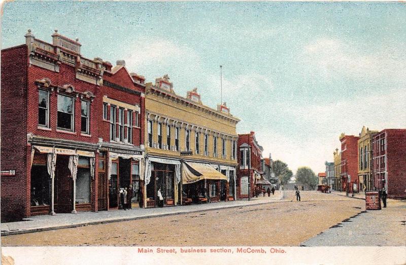 E34/ McComb Ohio Postcard 1907 Hancock County Main Street Stores Harness Shoes 