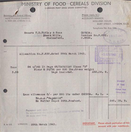 Ministry Of Food Cereals Canadian Flour Essex Brewery WW2 War Receipt Ephemera