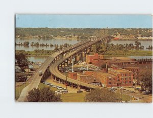 Postcard Iowa-Illinois Memorial twin suspension bridges