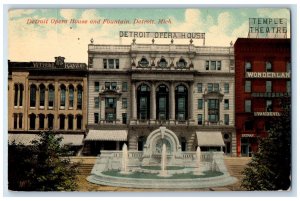 1913 Detroit Opera House And Fountain Temple Theatre Scene Detroit MI Postcard