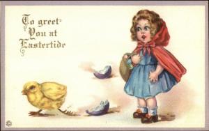 Easter - Little Girl in Red Cloack & Hatched Chick c1915 Postcard
