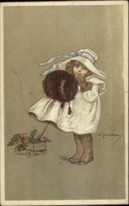 Zandrino - Little Girl Winter Coat Hat Muff Wagon w/ Holly c1920 Postcard