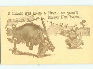 Pre-Linen Comic COW KNOCKS OVER WASH LINE AB9208