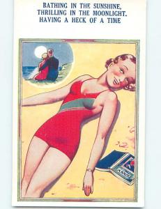 Bamforth risque comic SEXY GIRL IN RED BATHING SUIT AT THE BEACH HL3298@