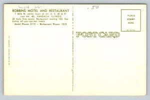 Robbins Motel & Restaurant   Vandalia  Illinois    Postcard
