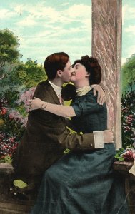 Vintage Postcard 1910's Romance Sweet Couple Lovers Man and Woman Kissing Scene