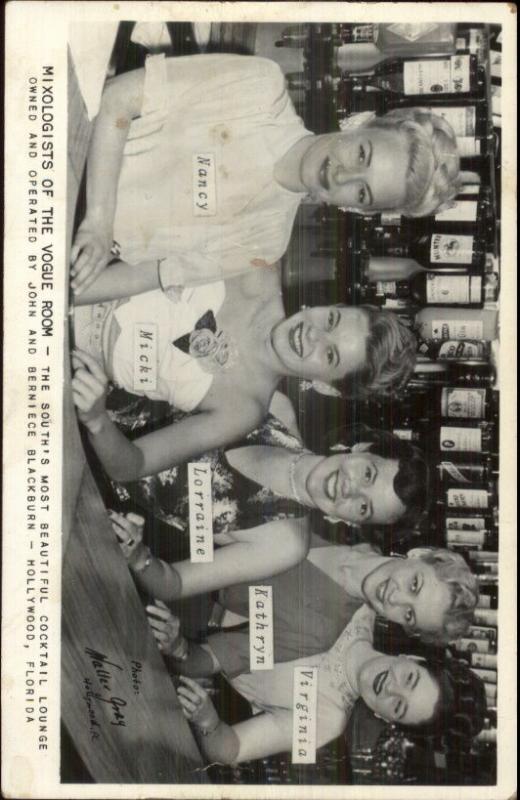 Hollywood FL Beautiful Women Bar Tenders The Vogue Room Real Photo Postcard 