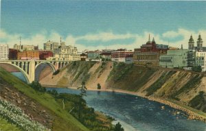 Skyline, Business Section Spokane Washington Showing River & Bridge Vtg Postcard