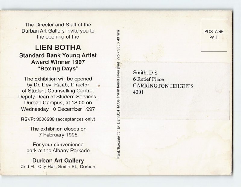 Postcard Lien Botha Art Exhibition Durban Art Gallery Durban South Africa