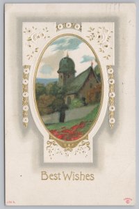 Greetings~Best Wishes~Framed Church Scene~PM 1912~Embossed~Vintage Postcard