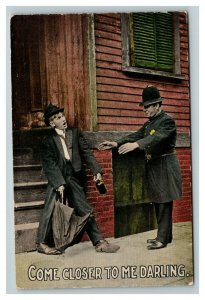 Vintage 1914 Photo Comic Postcard Drunk Man Thinks Policeman is a Woman FUNNY