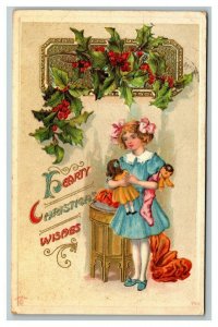 Vintage 1910's Christmas Postcard Cute Girl with Dolls Mistletoe Holly Berries