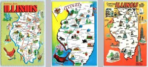 3 Postcards ILLINOIS Prairie State  ILLUSTRATED MAPS Cartographs c1970s~ 4x6