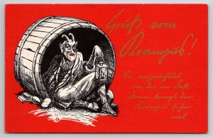 Krampus Old European Character in Barrel Scary Christmas Folk Lore Postcard S26