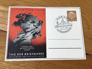 Germany Postal Union monument Stamps Day 1938 Sorau Post Card Ref 56971 