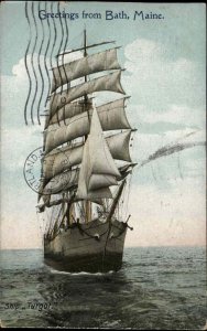 Bath Maine ME Greetings Turgot Clipper Ship 1900-20s Vintage Postcard