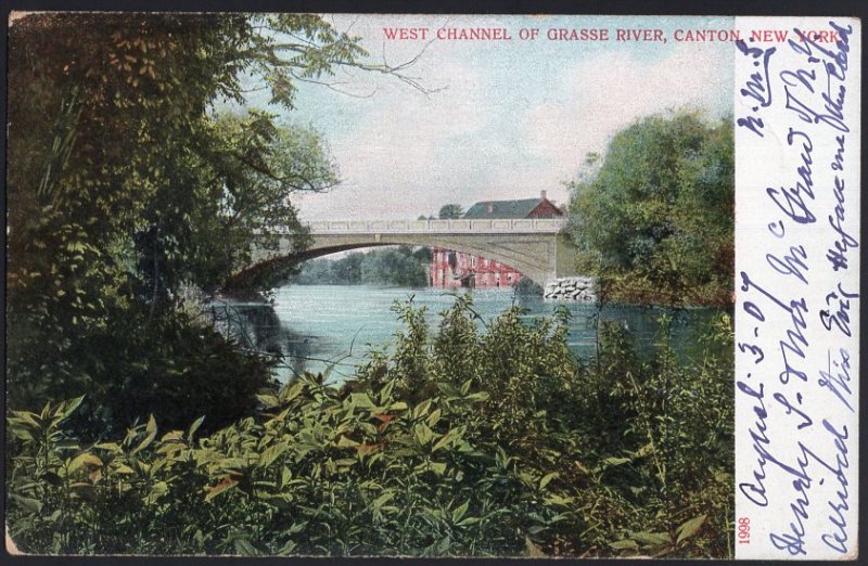 New York CANTON West Channel of Grasse River - Und/B - Vintage - 1907 in pen