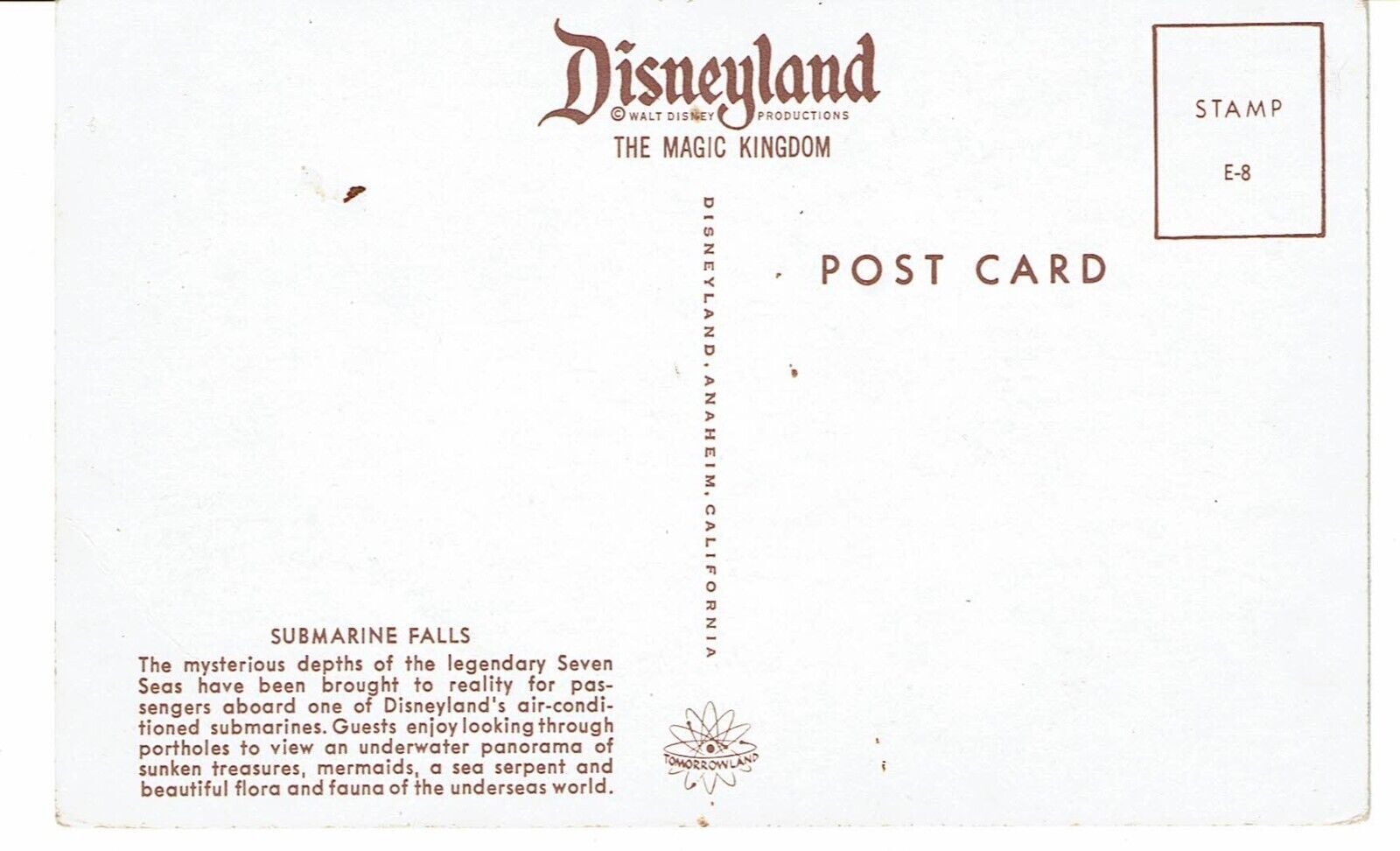 Anaheim CA Disneyland Submarine Falls Ride Tomorrowland vintage