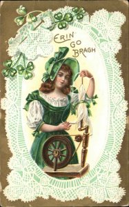 St Patrick's Day Pretty Woman Spinning Wheel Clovers Embossed c1910s Postcard