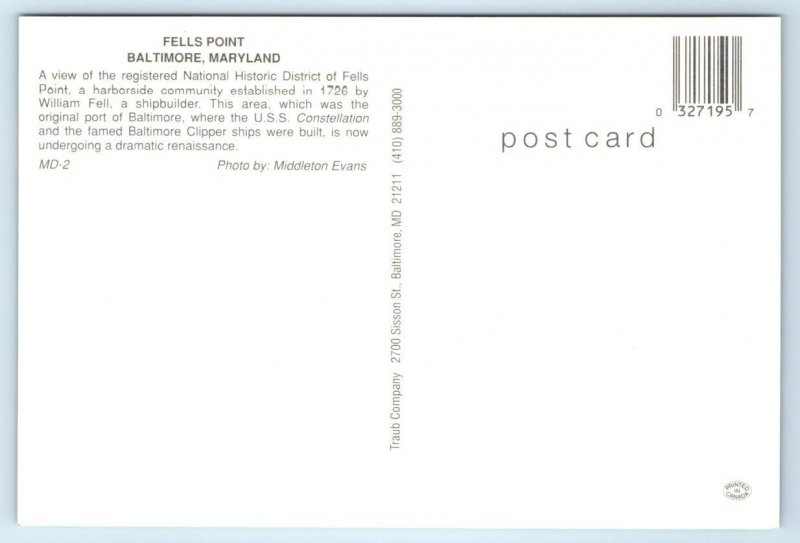 FELLS POINT, Baltimore MD ~ Historic District STREET SCENE 4x6 Postcard c1990s