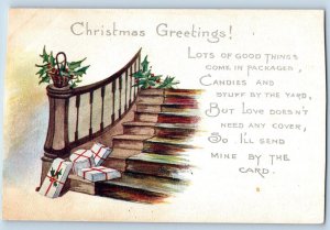 Christmas Postcard Greetings Stairs Gifts Holly Berries Jefferson WI c1910's