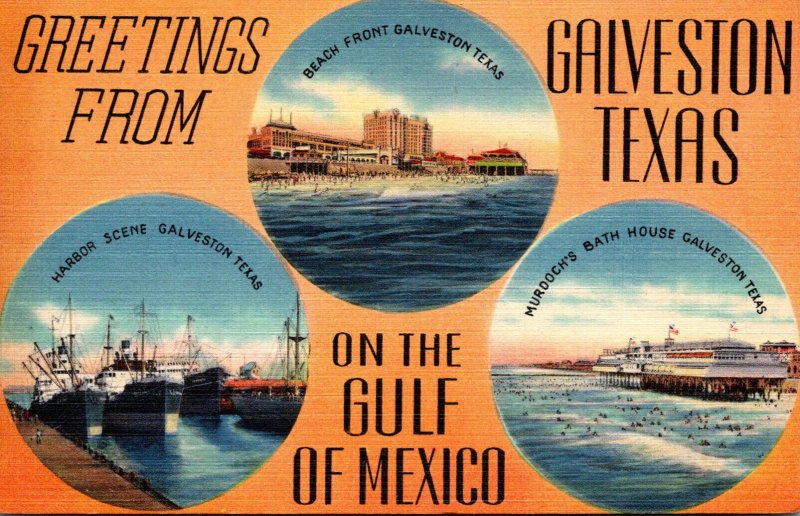 Texas Galveston Greetings Showing Harbor Scene Beach Front & Murdoch's B...