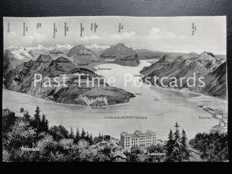 Old PC - Map Postcard, Vierwaldsttersee, Switzerland - showing mountain peaks