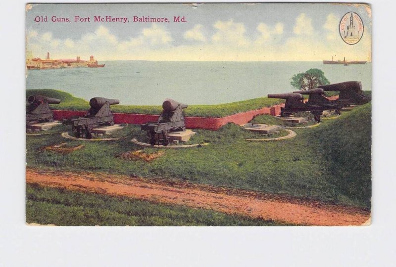 PPC POSTCARD MARYLAND BALTIMORE OLD GUNS FORT MCHENRY 1910 POSTMARK 