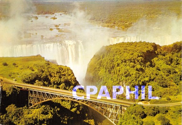 Postcard Close up of Modern Armchair Bridge and from the air,
Victoria Falls,...