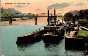 Postcard Boats in Lock, Marietta, Ohio