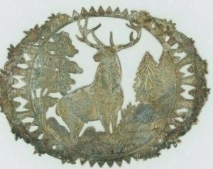 1870s-80s Die-Cut Dresden Fabric Label Forest Handsome Stag Fab! P225