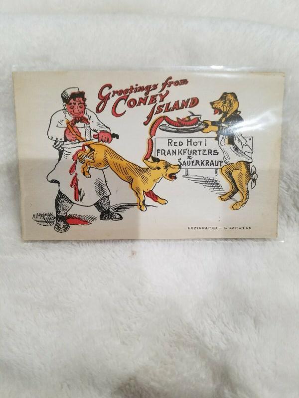 Antique Postcard Greetings from Coney Island Red Hot Frankfurters and Sauerkraut