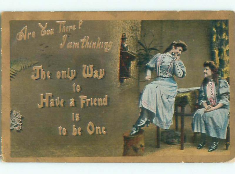 Pre-Linen WOMAN AND HER FRIEND USING ANTIQUE TELEPHONE k7685